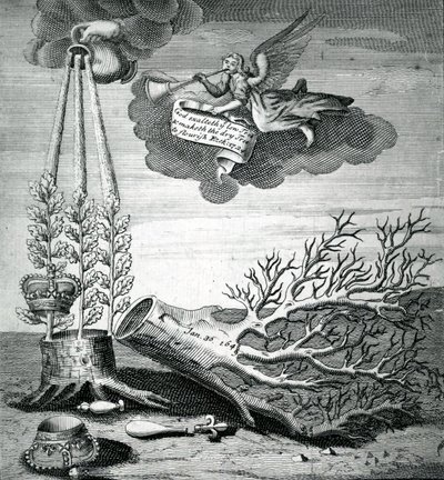Emblematiskt tryck som hänvisar till avrättningen av Karl I och Stuart-tronföljden, 1715 av Robert Vaughan