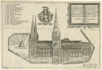 Lichfield Cathedral - South View: kopparplåtgravyr och [1600-talet] av Robert Vaughan