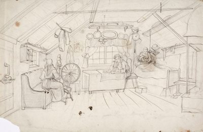 En interiör med tre personer: en i sängen som dricker kaffe, en vid bordet som äter gröt och en vid rågen. av Robert Wilhelm Ekman