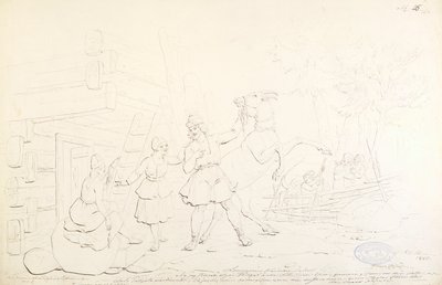 Lemminkäinen och Hiiden Hirvi ; Originalritning till serien "Kalewala, Finsk National-dikt, framställd i teckningar af R.W.Ekman" av Robert Wilhelm Ekman