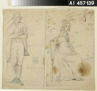 Man med händerna i luften och kvinna i nationaldräkt av Robert Wilhelm Ekman