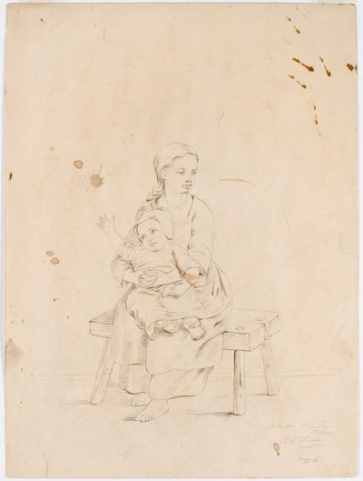Ung kvinna sitter på en bänk med ett litet barn i famnen av Robert Wilhelm Ekman