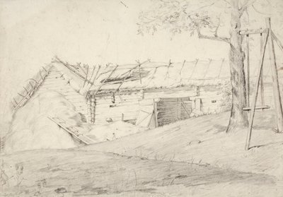 En halmbunt och ett lövträd med en påle av Robert Wilhelm Ekman