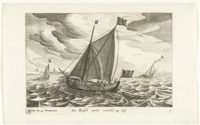 Boeiers Een Boeijer groot om 44 Last / Boïer de 44 Tonneaux (titel på objekt) Hollandse scheepstypen, 1627 (serietitel) Olika fartyg Don ton se sert dans les Unies provinser / Ikoner för olika holländska fartyg vars användning huvudsakligen är i vattnen i av Robert de Baudous (possibly)