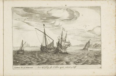 Wijdschip av lichter En Wyt-schip ofta Lichter groot ca 30 Last / Lichter de 30 Tonneaux (titel på objekt) Olika fartyg går inte på se sert dans les Provinces Unies av Robert de Baudous (possibly)