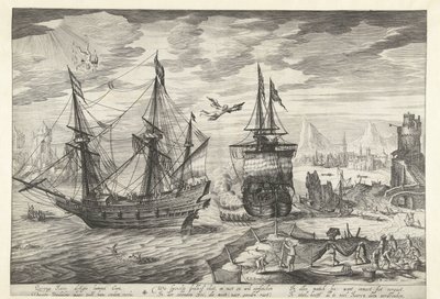 Hamn med skepp, på himlen Ikaros fall av Robert de Baudous
