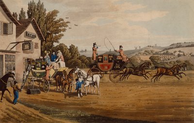 A London Mail and Stage Coach (färgad gravyr) av Robert the Elder Havell