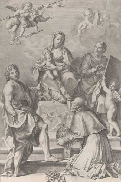 Madonna och barnet i centrum med Johannes Döparen, Sankt Lukas, påven Peter Celestini,..., 1694. av Robert van Audenaerde
