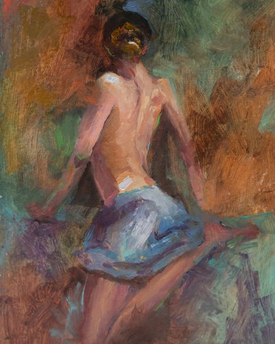 Blue Skirt, 2023 (olja på papper) av Roberta Murray