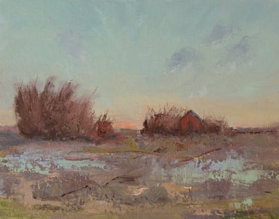 Granaries By The Slough, 2023 (olja på linnepanel) av Roberta Murray