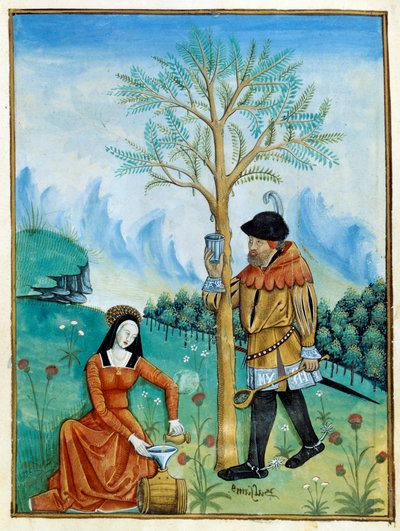 The Balm Recolation. En man samlar ihop hartset, eller seven, som rinner från ett träd (Flora: balsamier), som används för medicin, medan en kvinna lägger det i en tunna. Miniatyr i "" Book of simple doctors"" (Folio 187v) v.1520-1530. Enlumine av Testard  av Robinet Testard