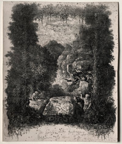 Första frontispice för fabler och sagor av Thierry-Faletans, 1868. av Rodolphe Bresdin