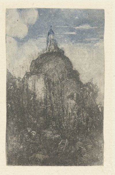 Bygga på en klippa och vila herdar med får vid foten av klippan Le Phare Chapelle alpestre av Rodolphe Bresdin