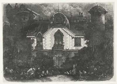 Hus med torn bakom ett staket och herdinna med boskap La maison enchantee av Rodolphe Bresdin