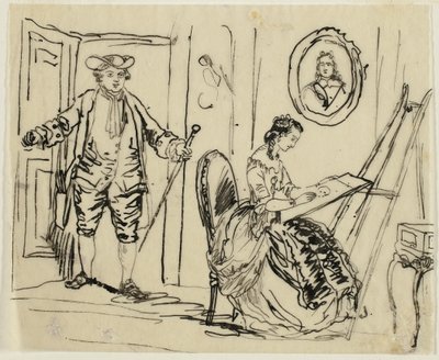 Interiör med man och kvinna i 1700-talsdräkt av Rodolphe Bresdin