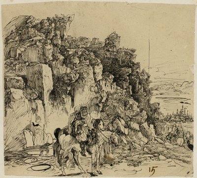 Bergigt landskap med ryttare av Rodolphe Bresdin
