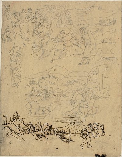 Skisser av bibliska scener, stad vid sjö, Mountain Village, Warrior av Rodolphe Bresdin