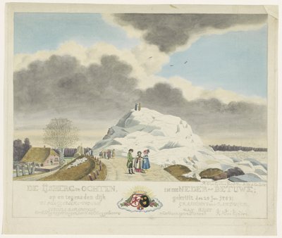 Glass i Ochten, 1789 Isberget vid Ochten i Nedre Betuwe; på och emot vallen pudrad den 24 jan. 1789 (titel på objekt) av Roeland van Eynden