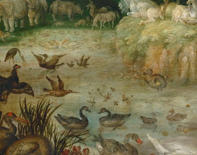 En damm. Djur som dricker, ankor som simmar, en enhörning i bakgrunden (målning på duk) av Roelandt Jacobsz. Savery