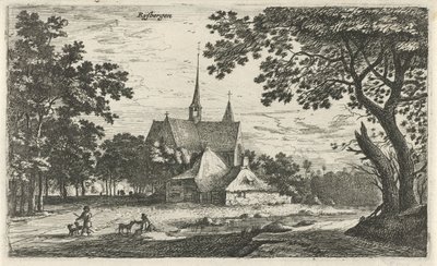 Utsikt över kyrkan St. Willibrord i Klein-Zundert Rysbergen (titel på objekt) Byscener i norra Nederländerna (serietitel) av Roelant Roghman