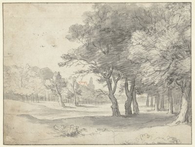 Utsikt i Haagse Bos, med Grote Kerk, Haag, på avstånd av Roelant Roghman