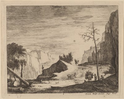 Bergigt landskap med en vagn: pl.8 av Roelant Roghman and Melchior Küsel