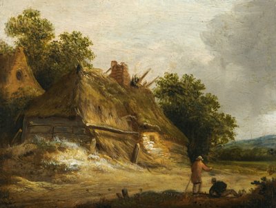 Två figurer som passerar längs vägen före en stuga av Roelof Jansz van Vries