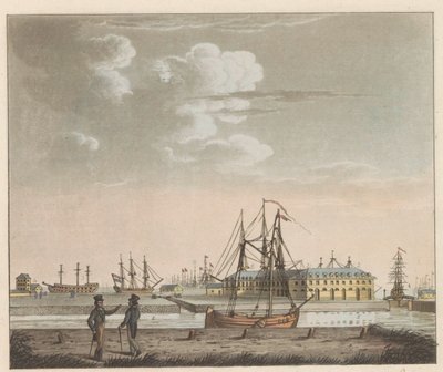 Rijkswerf Willemsoord, ca 1825 Utsikt över Willemsoord på det klara - nära Nieuwendiep, och ingången till den stora Noord-Hollandsch-kanalen / Vue de Willemsoord au clear prês du Nieuwendiep, et L