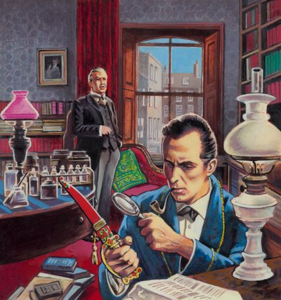 Sherlock Holmes i sitt arbetsrum (gouache på papper) av Roger (after) Payne