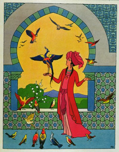 Prinsessan som konsulterar fågeln Bulbulhezar, illustration till "De två svartsjuka systrarna", ur "Tusen och en natt av Roger Broders