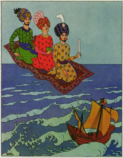 De har transporterats snabbt, illustration till "Prinsen Ahmed och fen Pari Banou", från "Tusen och en natt av Roger Broders