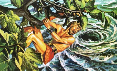 Odysseus hänger sig fast i ett fikonträd för att undkomma bubbelpoolen av Roger Payne