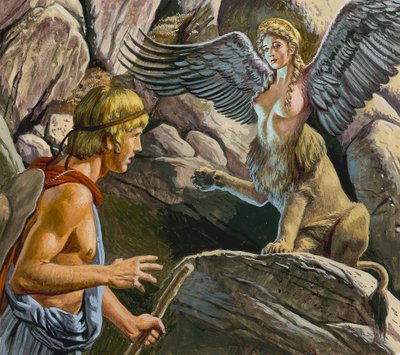 Oidipus möter sfinxen (gouache på papper) av Roger Payne
