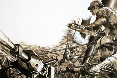 Oljemän på en plattform i Nordsjön (gouache på papper) av Roger Payne