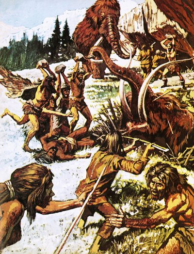 Förhistoriska män attackerar mammutar av Roger Payne