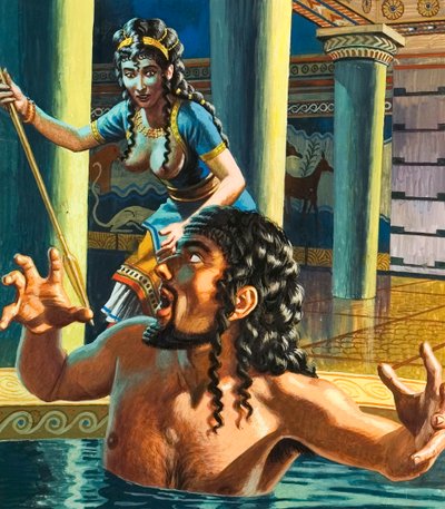 Mordet på kung Agamemnon av hans trolösa hustru Klytaimnestra (gouache på papper) av Roger Payne