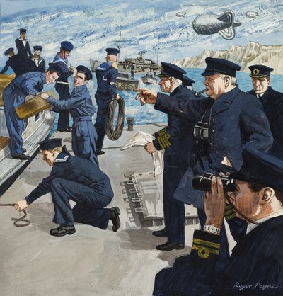 Winston Churchill (1874-1965) i en marin scen (gouache på papper) av Roger Payne