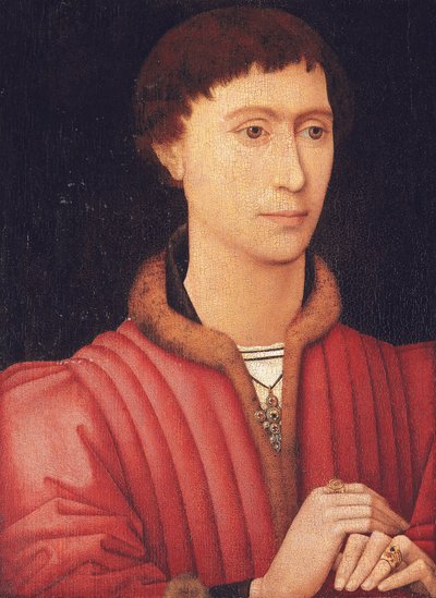 Porträtt av en ung man, bystlång, i en pälskantad röd dubblett, ca 1450-60 (olja på panel) av Rogier van der (circle of) Weyden