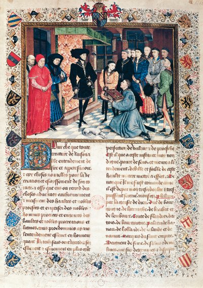 Jean Wauquelin överlämnar Hennegårds krönika till hertigen av Bourgogne Philippe den gode (1396-1467) av Rogier van der Weyden