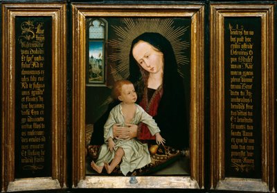 Salve Regina (Salve, o drottning, katolsk bön), representation av jungfrun och barnet som håller ett päron (olja på trä) av Rogier van der Weyden