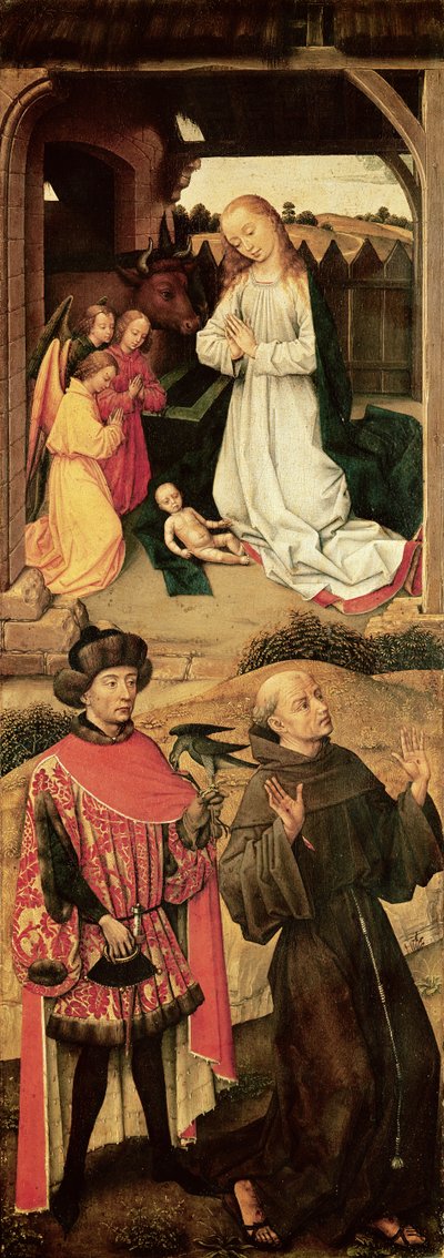 Triptyk av Golgata (vänster panel, Födelsen i den övre delen, den helige Franciskus av Assisi och eventuellt den helige Julian av Hospitaller i den nedre delen) av Rogier van der Weyden