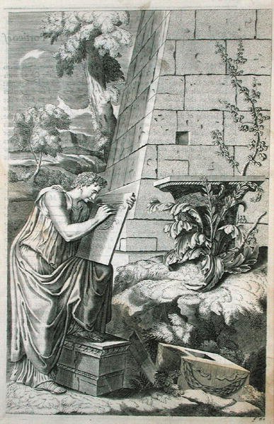 Klassisk scen av en arkitekt i arbete, illustration från Chambrays "Parallell of the Ancient Architecture with the Modern" publicerad 1723 (gravyr) av Roland (after) Freart de Chambray