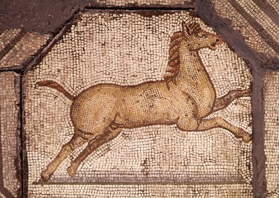 A Horse, detalj från Orpheus Charming the Animals (mosaik) av Roman
