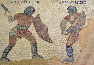 En kamp mellan två gladiatorer, Gladiatorernas hus, Kourion, Cypern (mosaik) av Roman