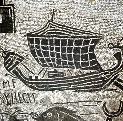 Ett fartyg från Alexandria i hamnen i Ostia (mosaik av Roman