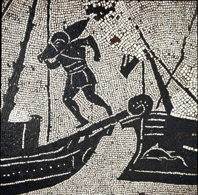 Ett fartyg från Cagliari återvänder till hamnen i Ostia (mosaik av Roman