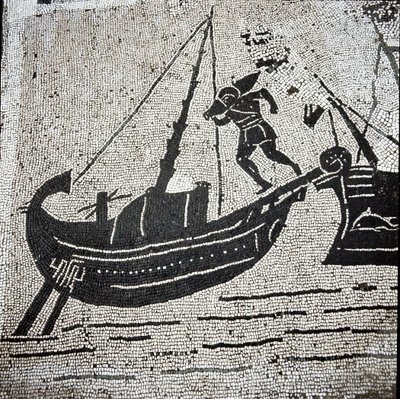 Ett fartyg från Cagliari som återvänder till hamnen i Ostia (mosaik av Roman
