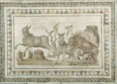 En tiger som attackerar två onagrar, från Dionysosprocessionens hus, El-Jem (Thysdrus) (mosaik) av Roman