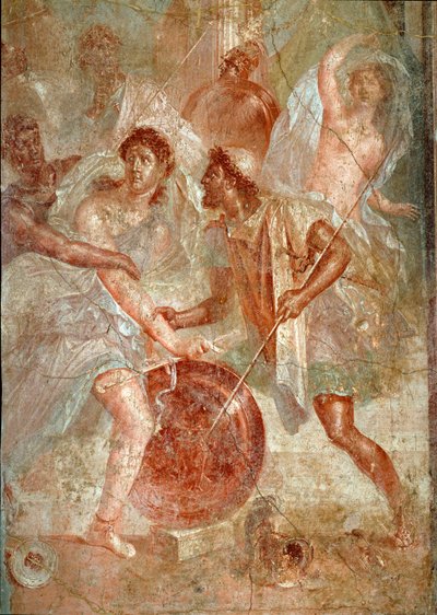 Achilles, förklädnad hos kvinnor, erkänns av Ulysses bland döttrarna till Lycomede en Scyros Fresco of Pompei. 1:a århundradet e.Kr. Dämpa. 145,5x137,5 cm Neapel, nationellt arkeologiskt museum - romersk konst. Våldsam kamp mellan folket i Pompeji och Noce av Roman