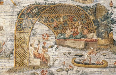 Bankett under pergola, detalj från Nilotisk mosaik av översvämning av floden Nilen i Egypten, från Sanctuary of Fortuna Primigenia i Palestrina, Lazio, Italien, romersk civilisation av Roman